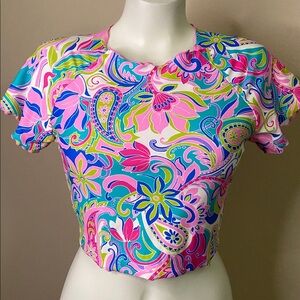 No Boundaries Pink Multicolor flower Design Crop top with lined shelf bra 💖 S